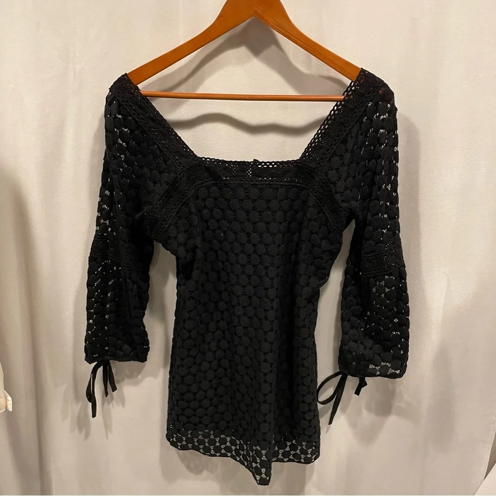 Witchy whimsigoth crochet lace square neck 3/4 tie sleeve blouse boho fairy